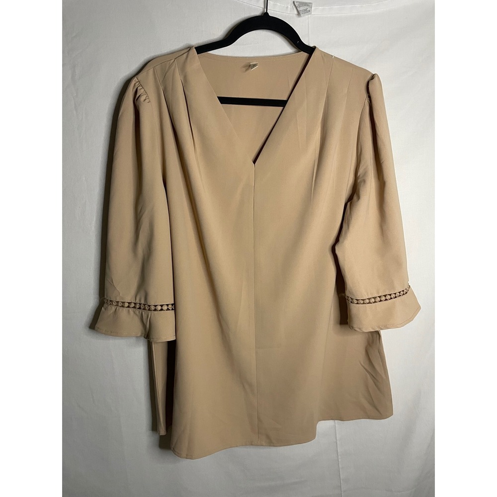Evaless Tan V-Neck Blouse 3/4 Sleeve Crochet Lace Ruffle Cuff Top - Picture 2 of 10